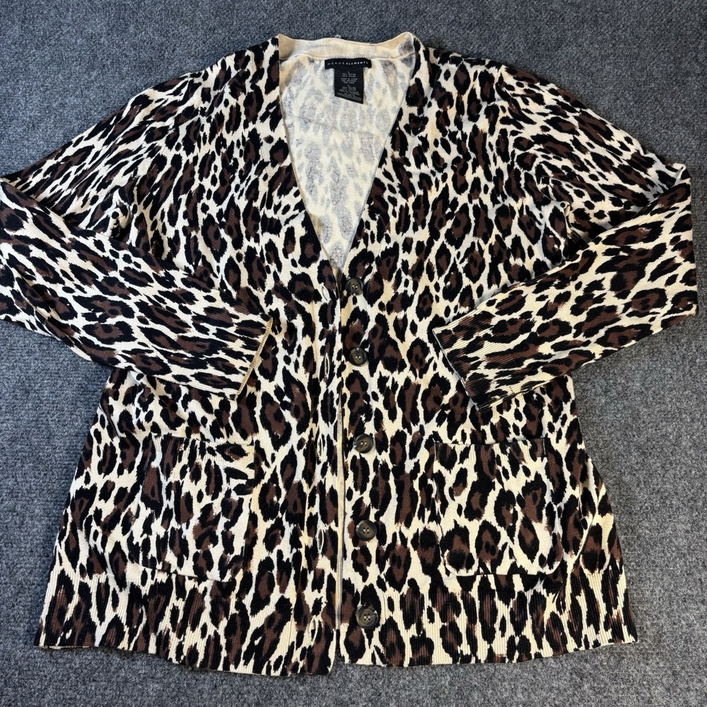 Grace Elements Cardigan Women L Brown Leopard Animal Print Button Front V-Neck
